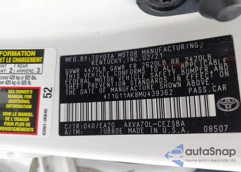 2021 Toyota Camry Se from USA, damaged, VIN 4T1G11AK8MU439362